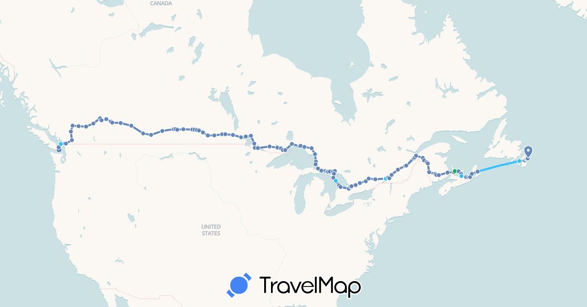 TravelMap itinerary: driving, bus, cycling, boat in Canada (North America)